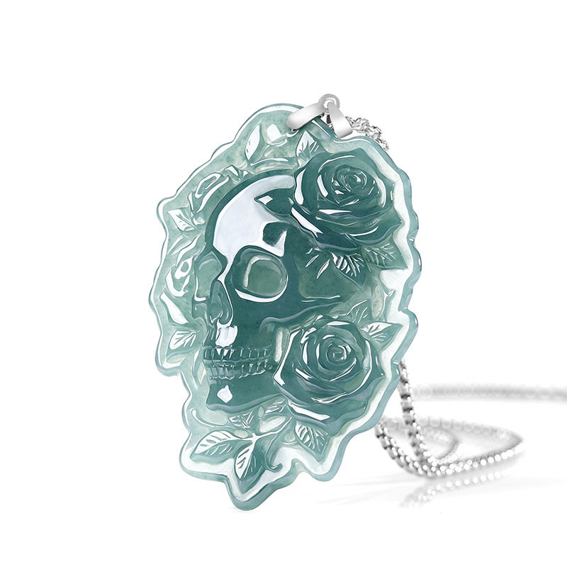 Vintage Fashion Women - Natural Burmese Jadeite Skull Pendant Necklace