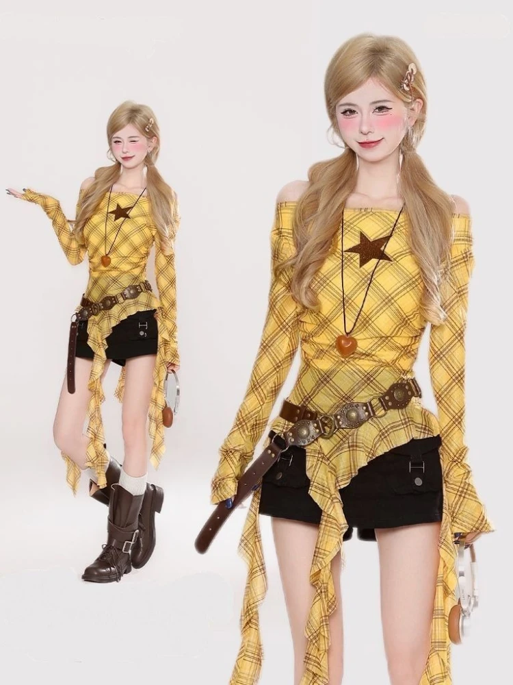 Y2K Plaid Slash Neck Vintage T - Vintage Fashion Women recension och pris