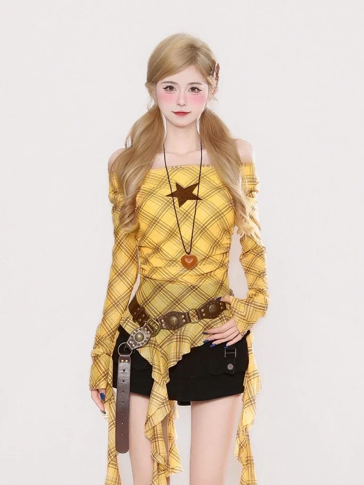 Y2K Plaid Slash Neck Vintage T - Vintage Fashion Women recension och pris