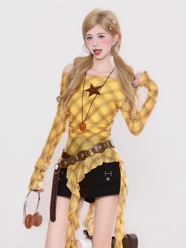 Y2K Plaid Slash Neck Vintage T - Vintage Fashion Women recension och pris